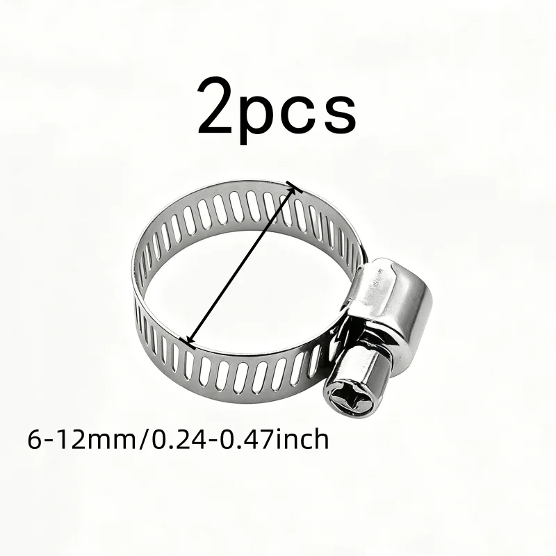 Adjustable Tightening Range 6-12mm Adjustable Worm Drive Clamps 2 pcs, perfect for Washing Machine Tube, Easy Screw Tighten