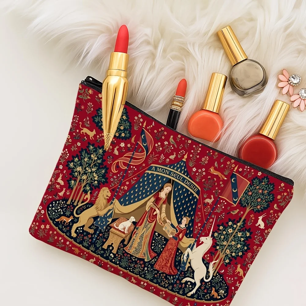 Medieval Tapestry Makeup Bag Unicorn Lion Vintage Art Print Cosmetic Pouch Travel Storage Retro Gift For Women
