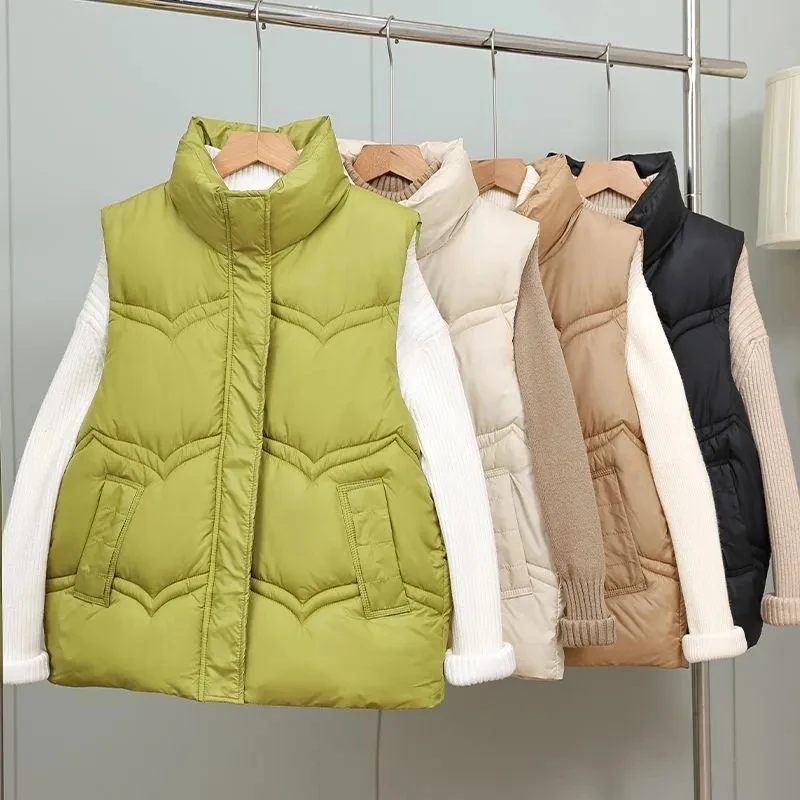 

Spring Autumn Korean Short Vest Jackets Fashion New Down Cotton Padded Jackets Sleeveless Pockets Casual Waistcoat Female Tops