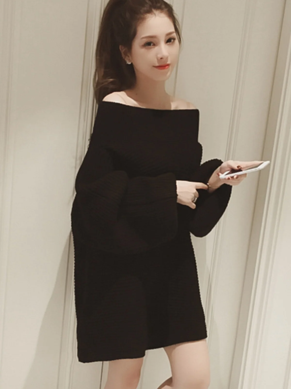 

Модный корейский свободный фонарь Све, одно плечо, длина миди, грубая вязка, женское платье, прямая трубка, длинная све, теплое излучающее