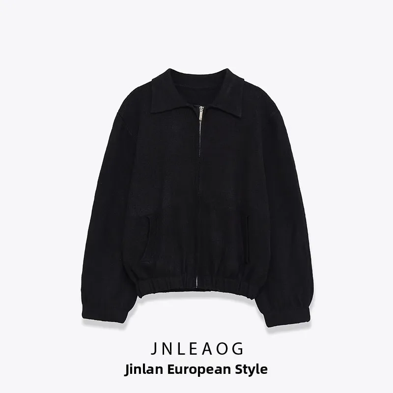 

JNLEAOG Autumn New Women's Knitted Pilot Jaet Zipper Collar Design Long Sve Stand Fit Polyester Fiber Ladies Coat