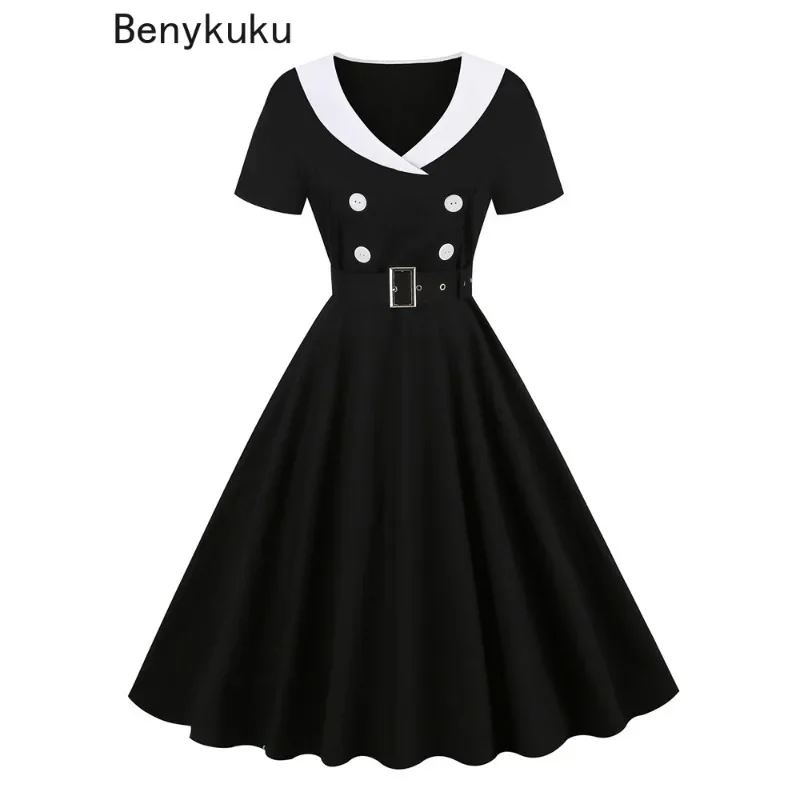 

Hepburn Style Double-Breasted 50s 60s Vintage Cotton Dresses Women Elegant Shawl Collar Short Sleeve Sash Dress Women's Clothing