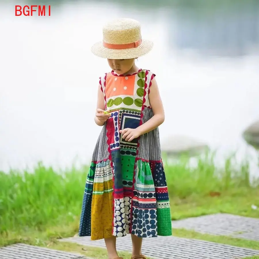 Kids Girls' Retro Dress 1-10Y Siblings Clothes Ethnic Style Children's Vest Summer Fashion Sleeveless Top Printed Pattern Random