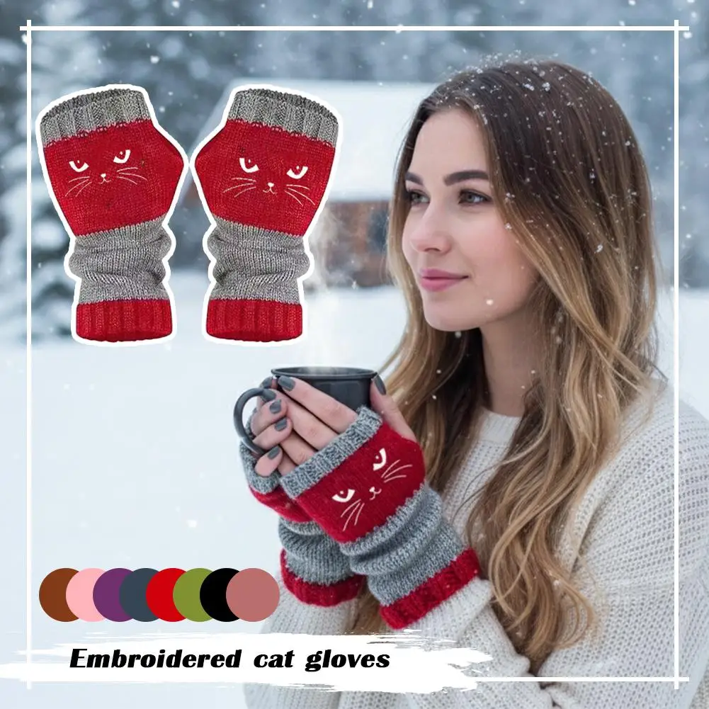 Handgestrickte, niedliche, bestickte Katzen-Fingerlose Handschuhe für Damen und Mädchen, Winter-warme Wollstrick-Spleißhandschuhe mit langem Arm, warme Fäustlinge