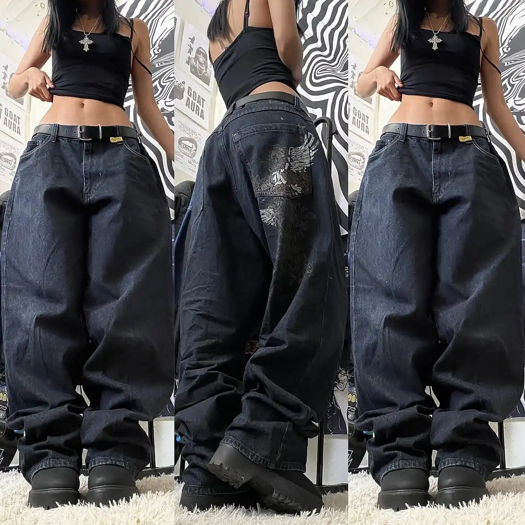 

Baggy Street Trend American High-waisted Jeans Women Y2K Harajuku Hip-hop Goth Wide-leg Pants Casual Blue Straight-leg Pants