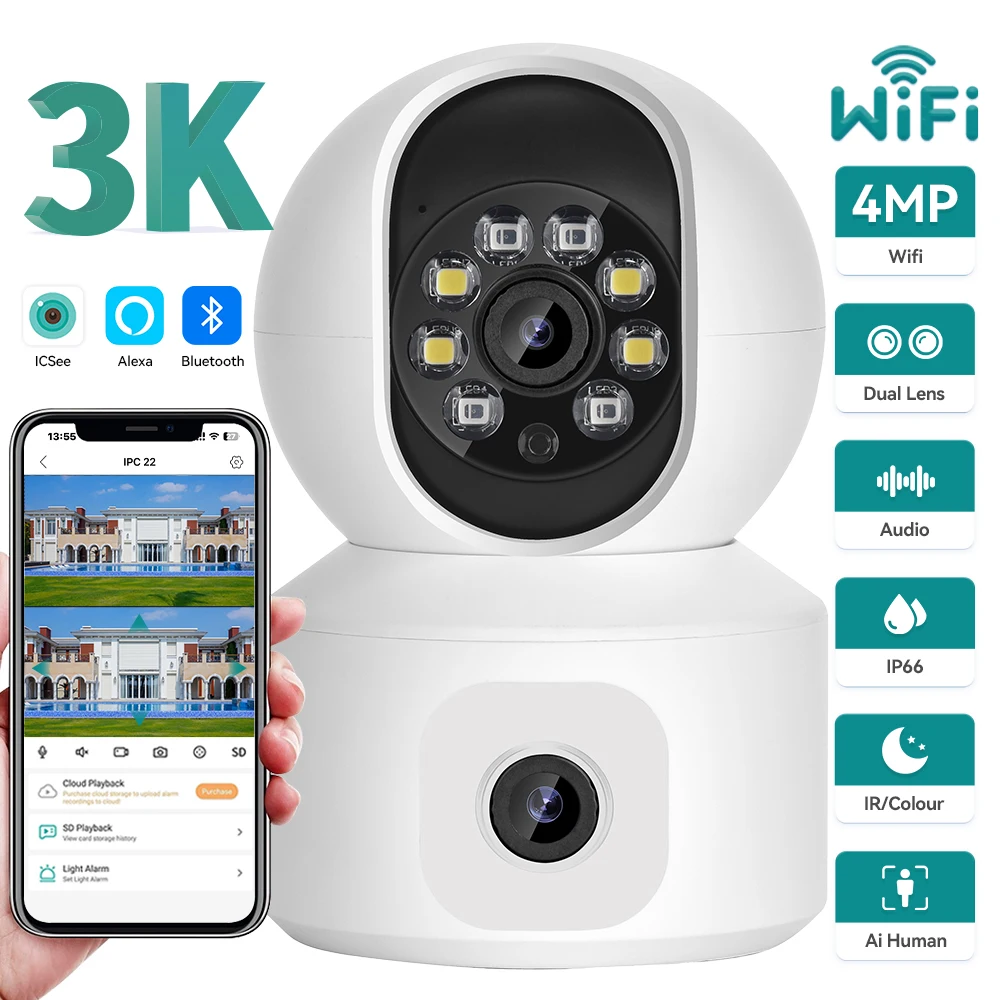 

4 МП Wi-Fi камера с двумя объективами, двухэкранная видеоняня, автоматическое отслеживание, ночное видение, внутренняя мини PTZ IP-камера для видеонаблюдения