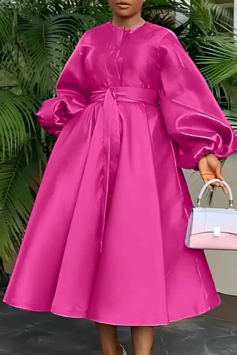 

Women Lantern Long Sleeve Button Front with Sashes Big Swing Satin Retro Dress 2024 Street Even Party Dresses Vestidos