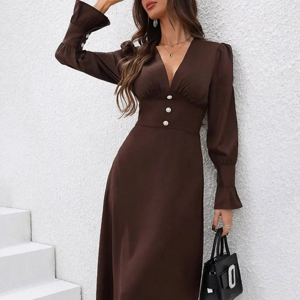 Elegante zomer casual lange shirtjurk met V-hals en afslankende look mode damesrokjurk