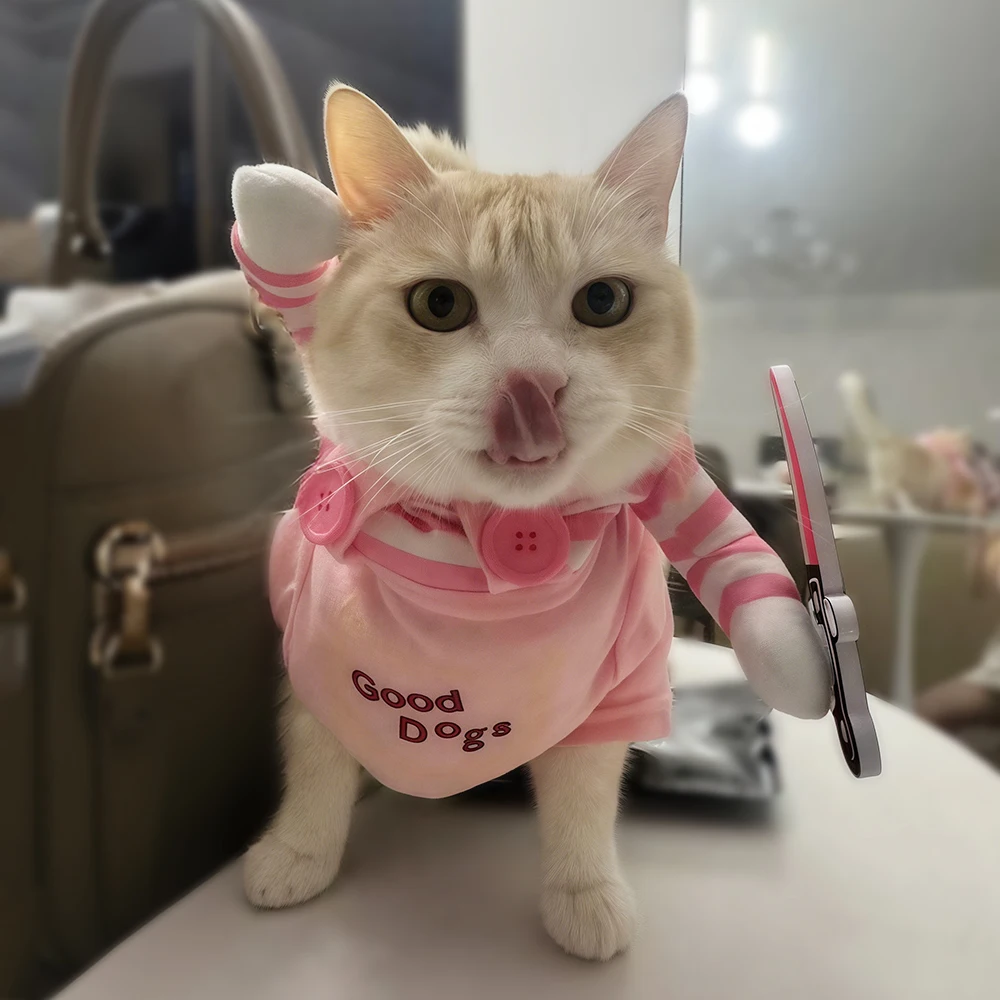 Funny Cat Clothes with Toy Knife Cute & Scary Pet Costume for Kittens Small Cats Dogs Halloween Cosplay Outfit Party Photo Props