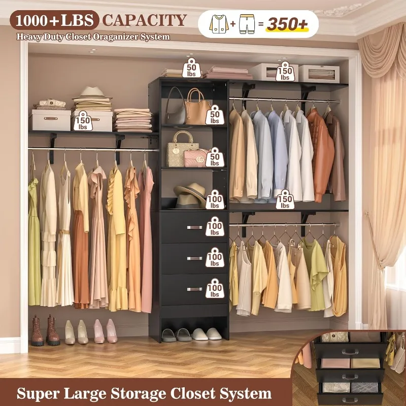 96 Inches Closet System, 8FT Walk In Closet Organizer with 3 Shelving Towers, Heavy Duty Clothes Rack with 3 Drawers,