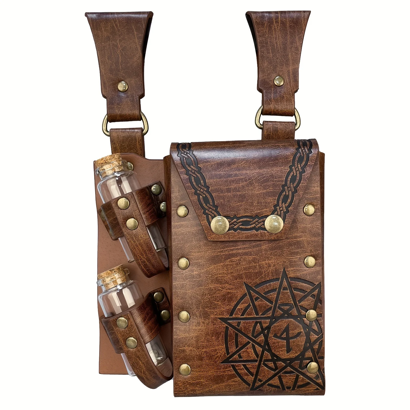 1pc Alchemy Leather Waist Bag Embossed Fantasy Fanny Pack With 2 Cork Potion Bottle Medieval Viking Style Costume Accessories Renaissance Cosplay Props