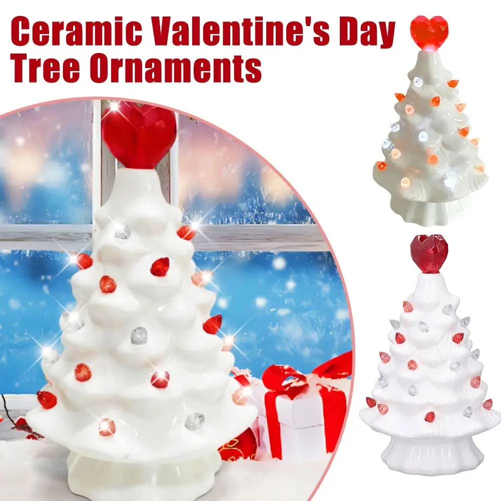 Mini Ceramic Christmas Tree Figurine Colorful LED Light-up Xmas Tree Statue Sculpture With Heart Topper Home Decoration