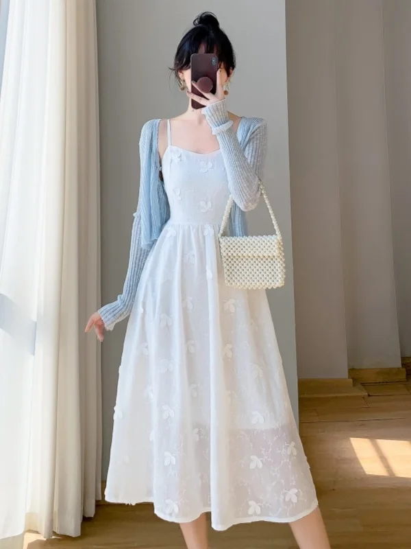 

Summer New Gentle First Love Feelings Two-Piece Set Dress Knitted Sun Protection Shirt Strapless Dress Chic V-Neck Long Sleeve