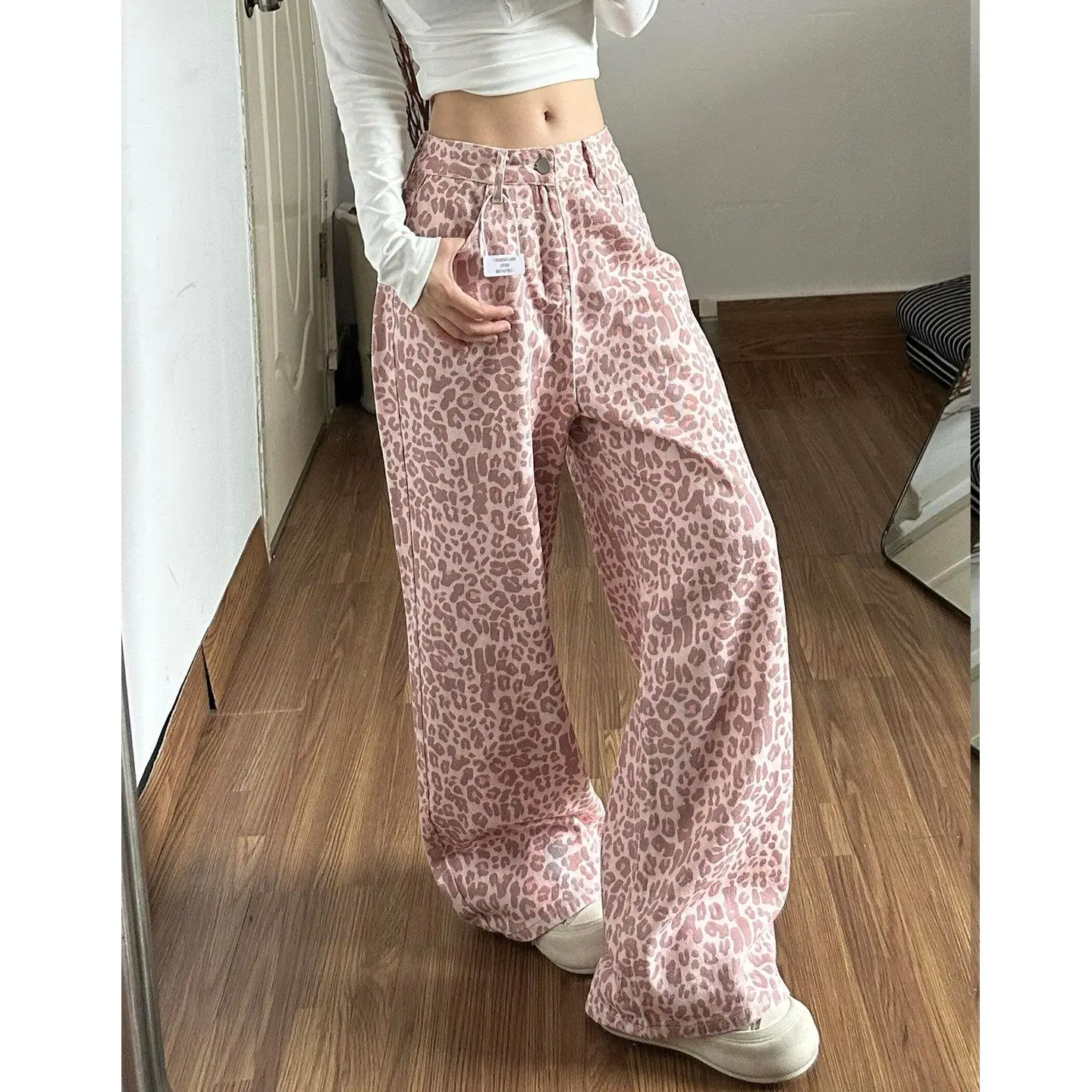 Retro Pink Leopard Jeans Women Summer High Street Loose Casual Mopping Pants Spice Girl Baggy Jeans