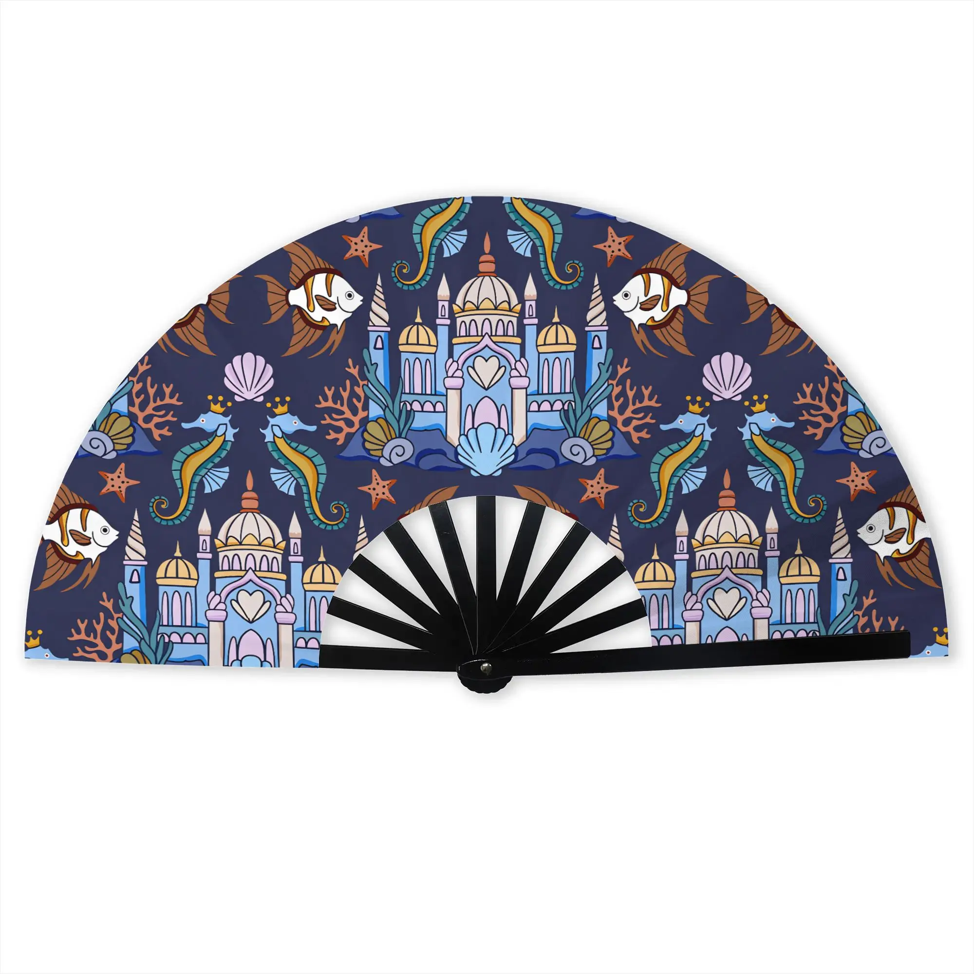Coral Underwater Cast Starfish  Stylish Hand Fan   With Crowns Sea Shells  Printed Polyester Fan Vintage For Dancing Gift