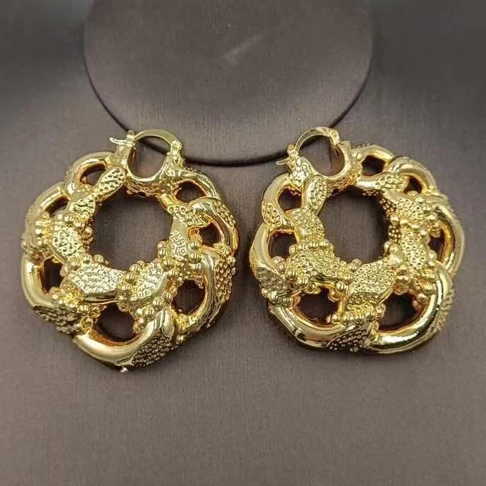 New Vintage African Hollow Circle Hoop Earrings 18K Gold Plated Embossed Textured Large Loop Ear Jewelry For Women Dubai Bridal