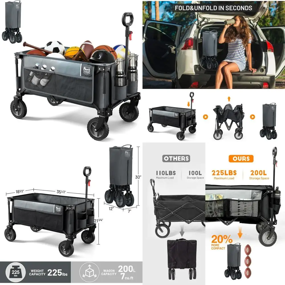 

Сверхмощная складная тележка для использования на открытом воздухе, кемпинга, патио, покупок, сада с боковой сумкой и подстаканником, серая