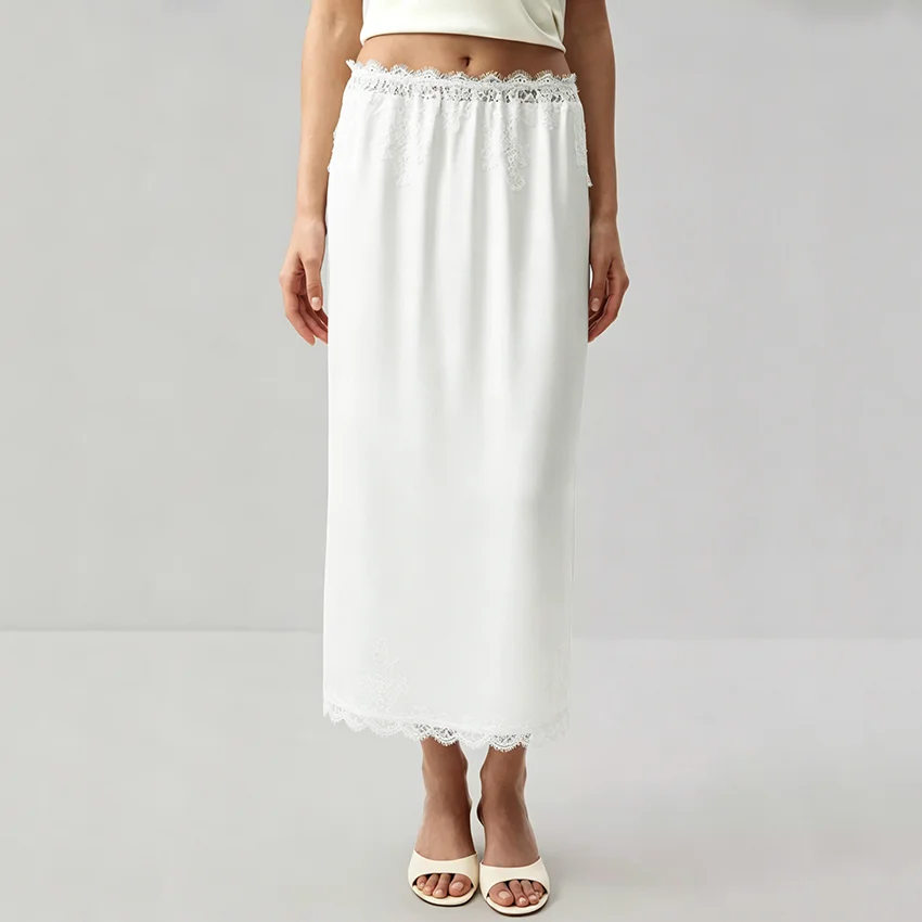 

Linad Elegant Satin White Lace Long Skirts Woman 2026 Summer Casual Loose High Waist Skirts Office Lady Mid Calf Straight Skirt
