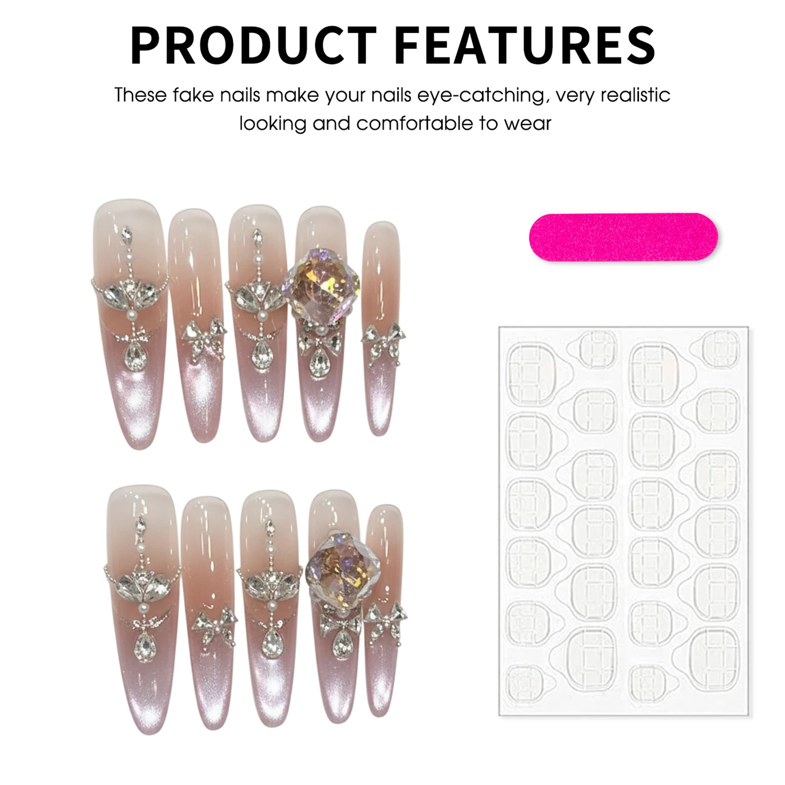 10 Uds. De uñas postizas de estilo francés con ojo de gato, diamantes de imitación de cristal violeta, uñas artificiales hechas a mano para mujer, fiesta y boda