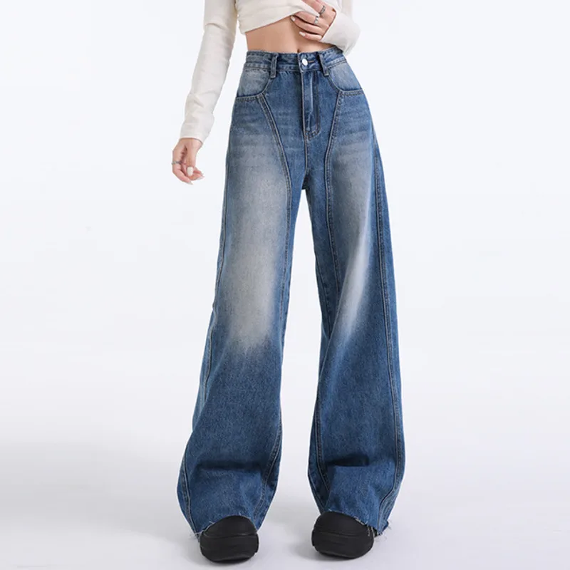 #2645 Wide Leg Vintage Blue Long Jeans Women Loose Split Joint High Waisted Denim Jeans Female Streetwear Vintage Women's Jeans