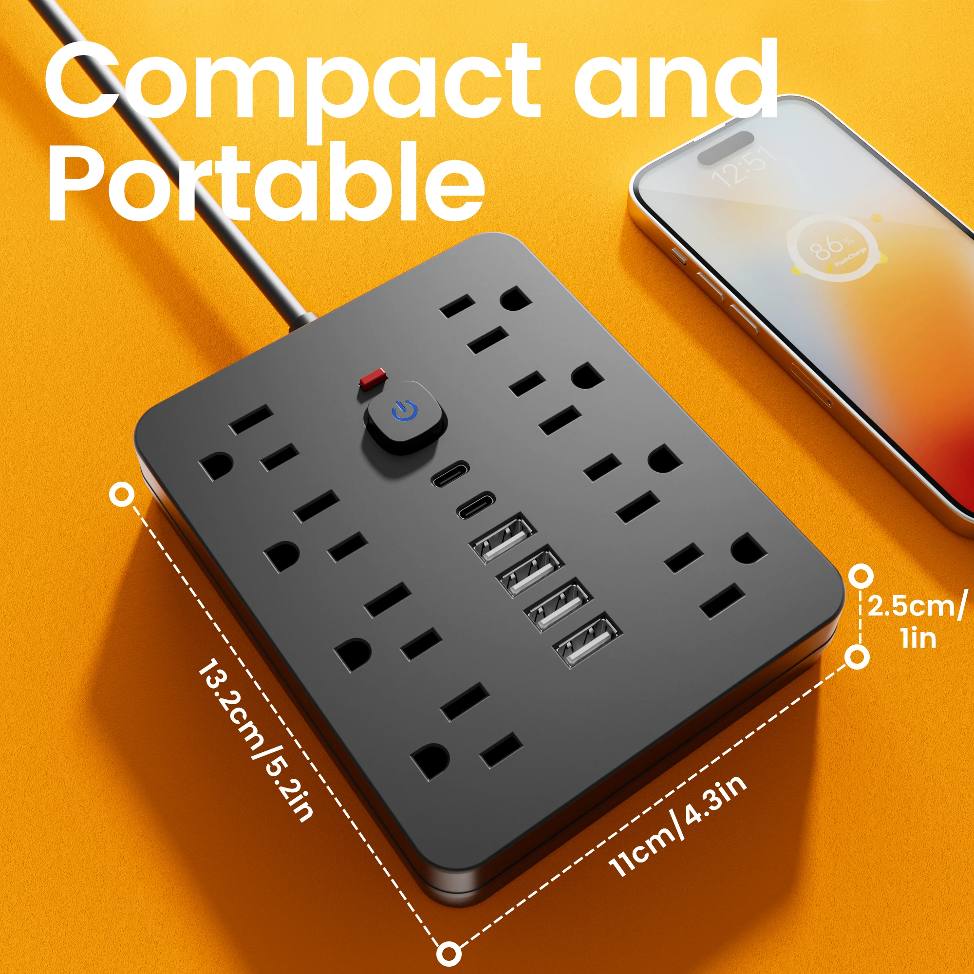 14-in-1 Power Strip Switch Surge protector Prection multifunctional socket electric flat plug with USB Type-C charger oulets