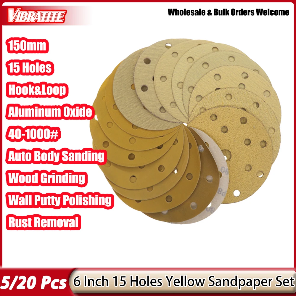 5-20Pcs Yellow 6 Inch 150mm 15 Holes Hook Loop Gold Sanding Disc Sandpaper 40#-1000# for Auto Body Wood Furniture Polishing