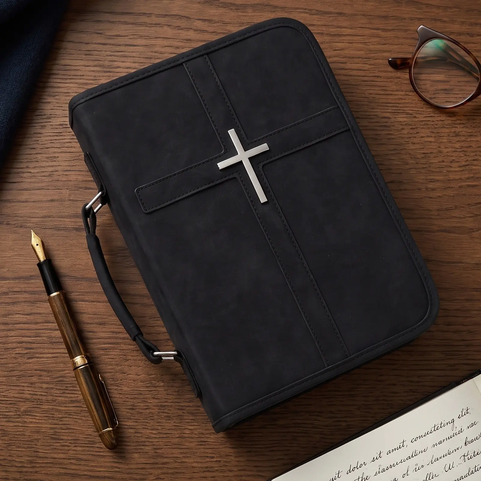 PU Vintage Bible Cover Case Black Bible Bag with Handle Phone Pocket Pen Slot Church Scripture Carrying Case Christian