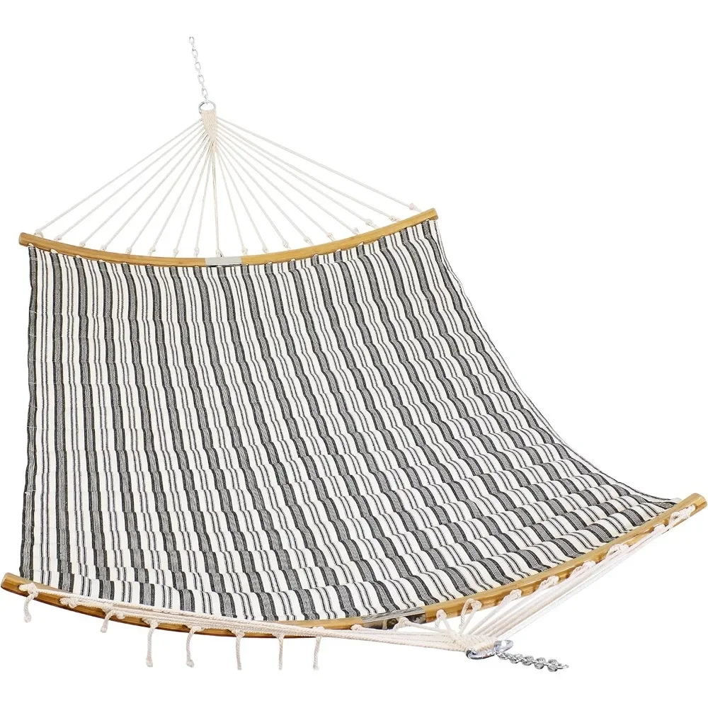 Polycotton Double Hammock with Curved Bamboo Foldable Spreader Bars - 450-Pound Weight Capacity - Neutral Stripe