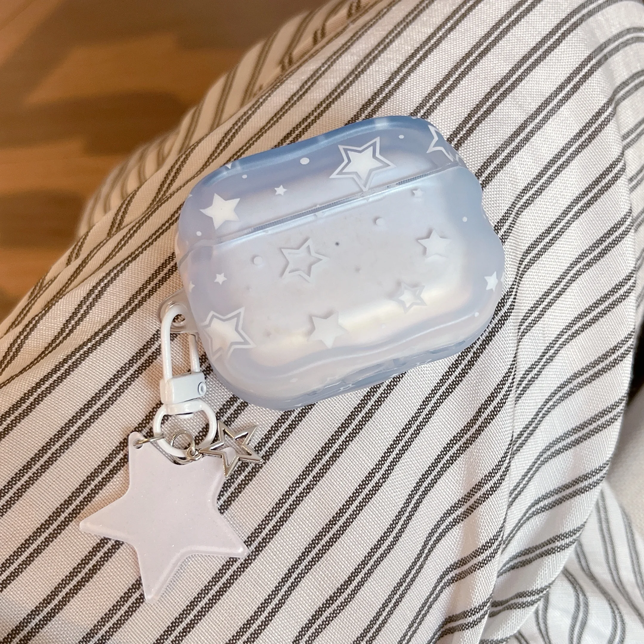 Korean-Style White Star Pattern Transparent Blue Gradient Tetragonum Earphone Case Cover Case For AirPods 2 3 4 5 Pro Pro2 Pro3