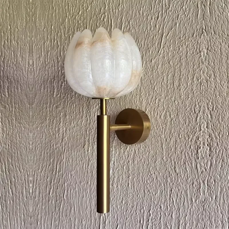 Modern Brass Tulip Wall Lamp Natural Marble Base LED Reading Light for Bedroom Living Room Decor Luxury Wall Mounted Sconce