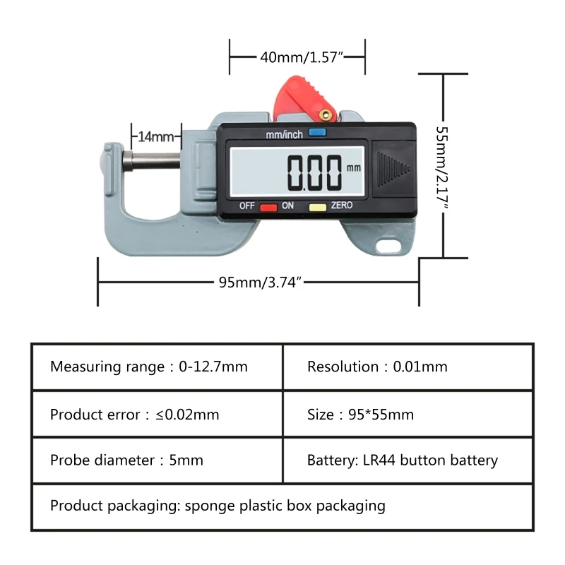 Compact Thickness Gauge Thickness Measurement 0-12.7mm Thickness Gauge Caliper Meter Measure Tool Metric/Inches Convert