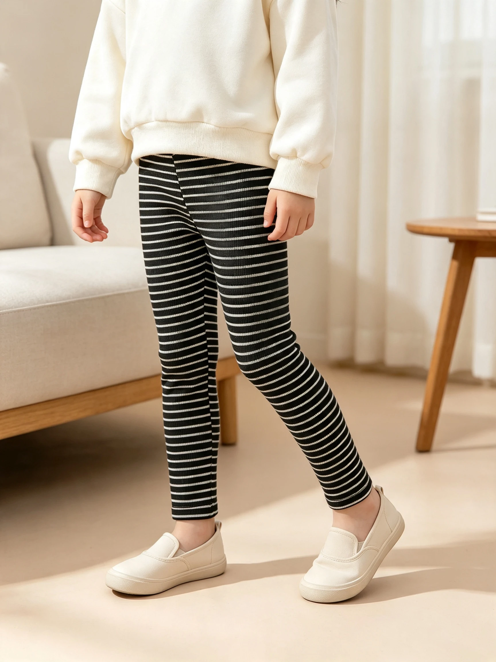 4Pcs Multipack Girls Ribbed Leggings Solid Stripe Design Elastic Waist Breathable Basic Slim Full‑Length Casual Pants For 2‑11Y