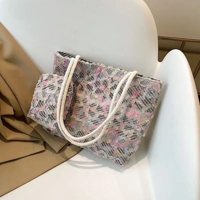 Bolso de mano de lona para mujer, bolsa de hombro de gran capacidad, informal, a la moda, para compras y playa, novedad de verano