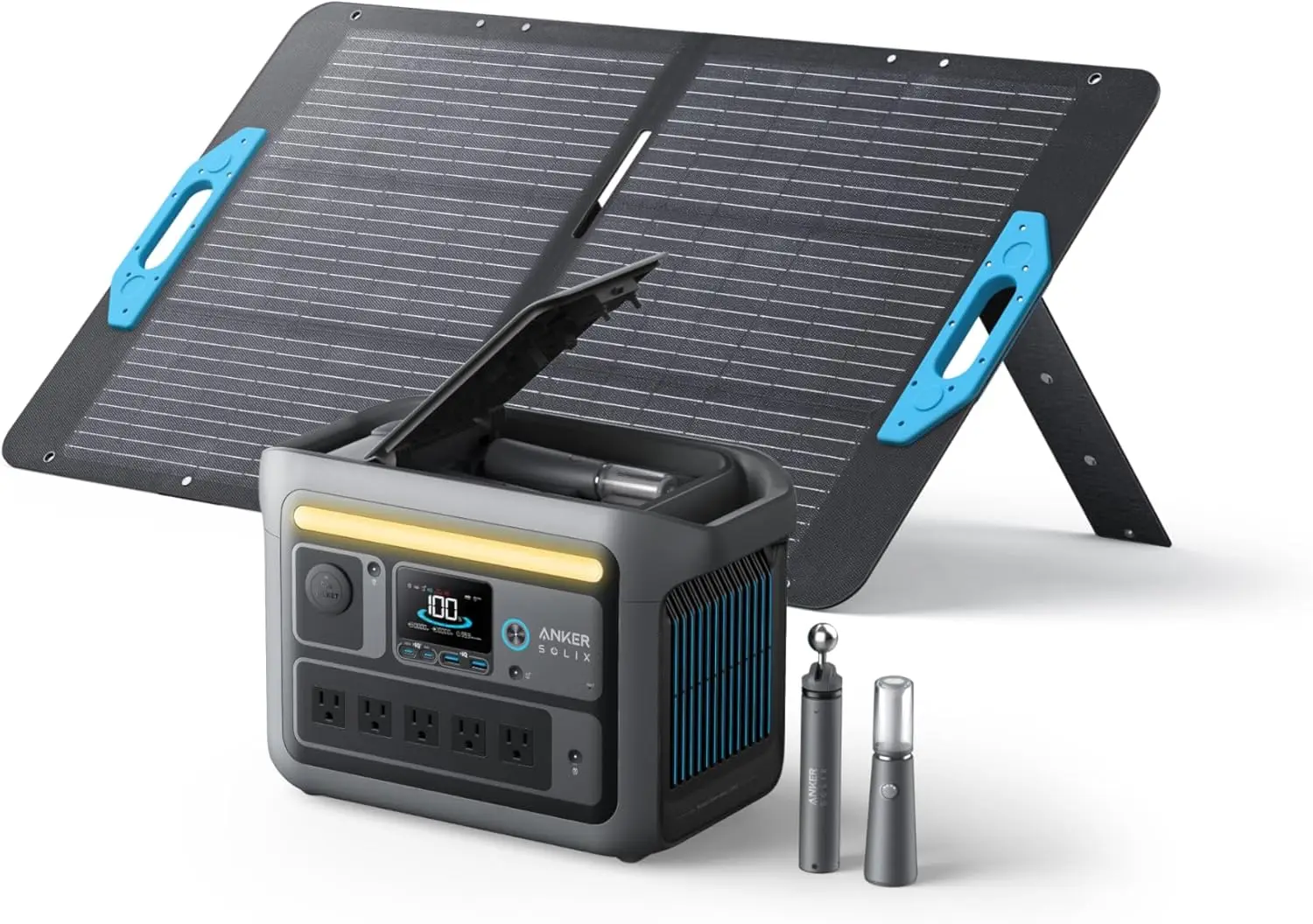 Portable power station with 100W solar panels, 1200W (peak 1600W) with camping lights for outdoor camping,