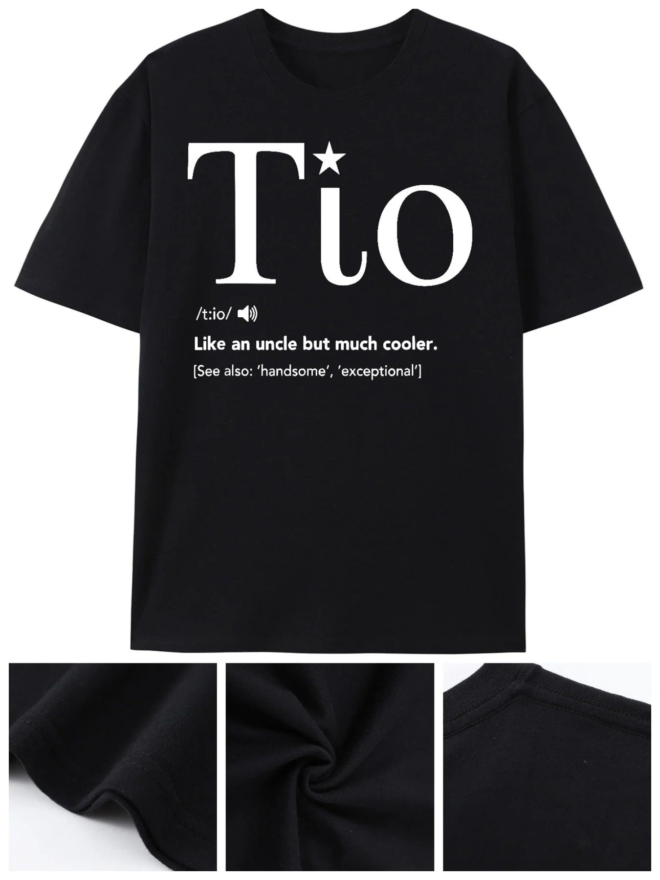 [ T-Shirt] Black Graphic T-Shirt - 'Tio' Design With Phonetic Spelling/ti???/, Star Icon, And Cool Description 'Like An Uncle Bu