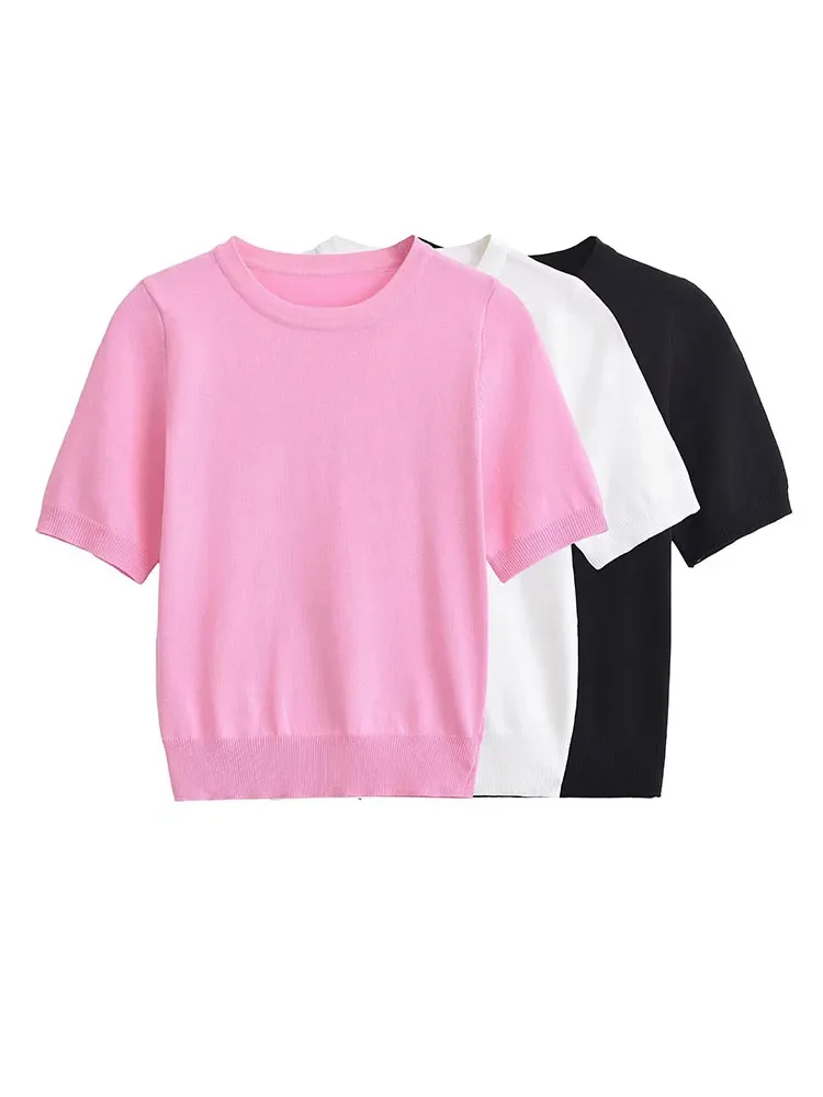 

HH TRAF Summer Knitted T-shirt Woman 2024 Trendy Solid Round Neck Short Sleeves Top Female Casual Slim Cropped Pullovers Sweater