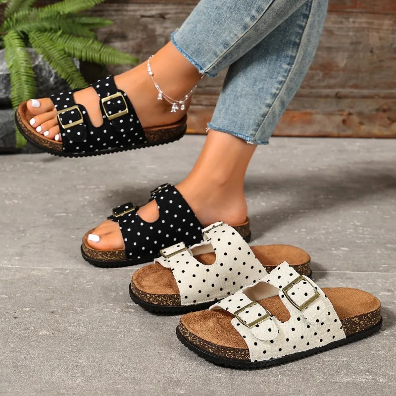 New Fish Mouth Open Toe Women's Summer Comfortable Double Buckle Strap Slippers Women Vintage Fashion Wave Point Style Sandals