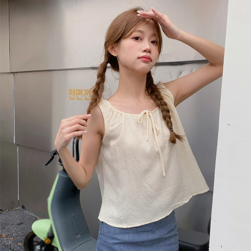 Women's Shirt Summer Korean Version Solid Colour Drawstring Casual Sweet Fashion Versatile Sleeveless Tank Tops