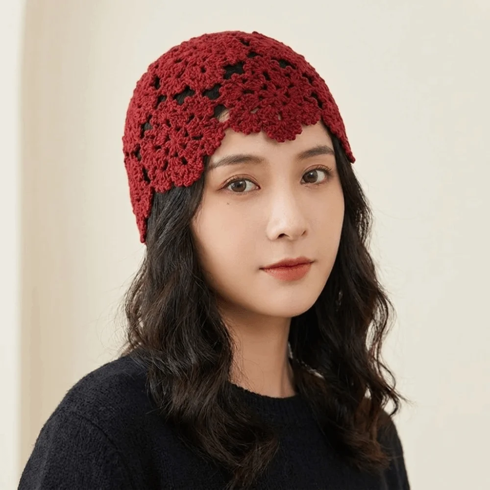 

Ethnic Style Solid Color Crochet Flower Hat Handmade Hollow Knit Skullies Caps Weave Breathable Beanies Cap Girls
