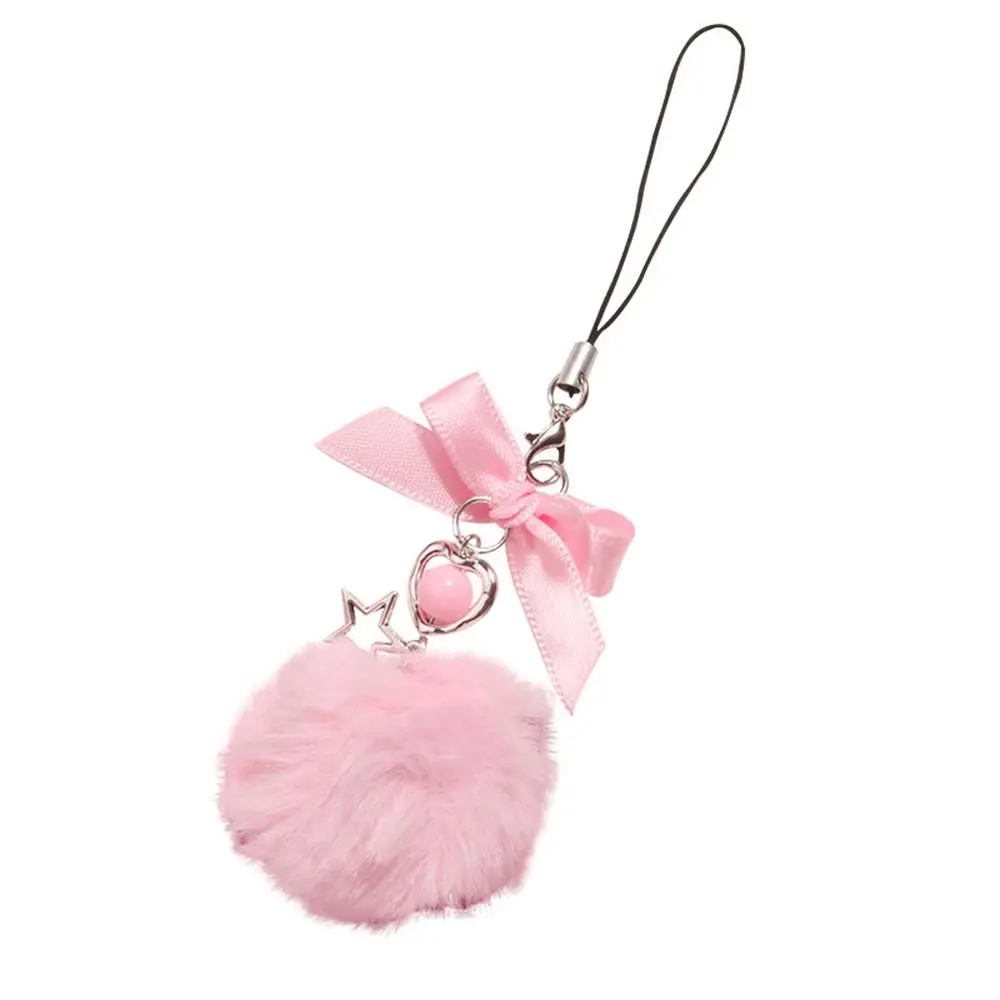 Lanière de téléphone portable avec nœud en ruban, pendentif pour petit sac cadeau, boule de poils, porte-clés pompon moelleux coloré, breloque pour sac