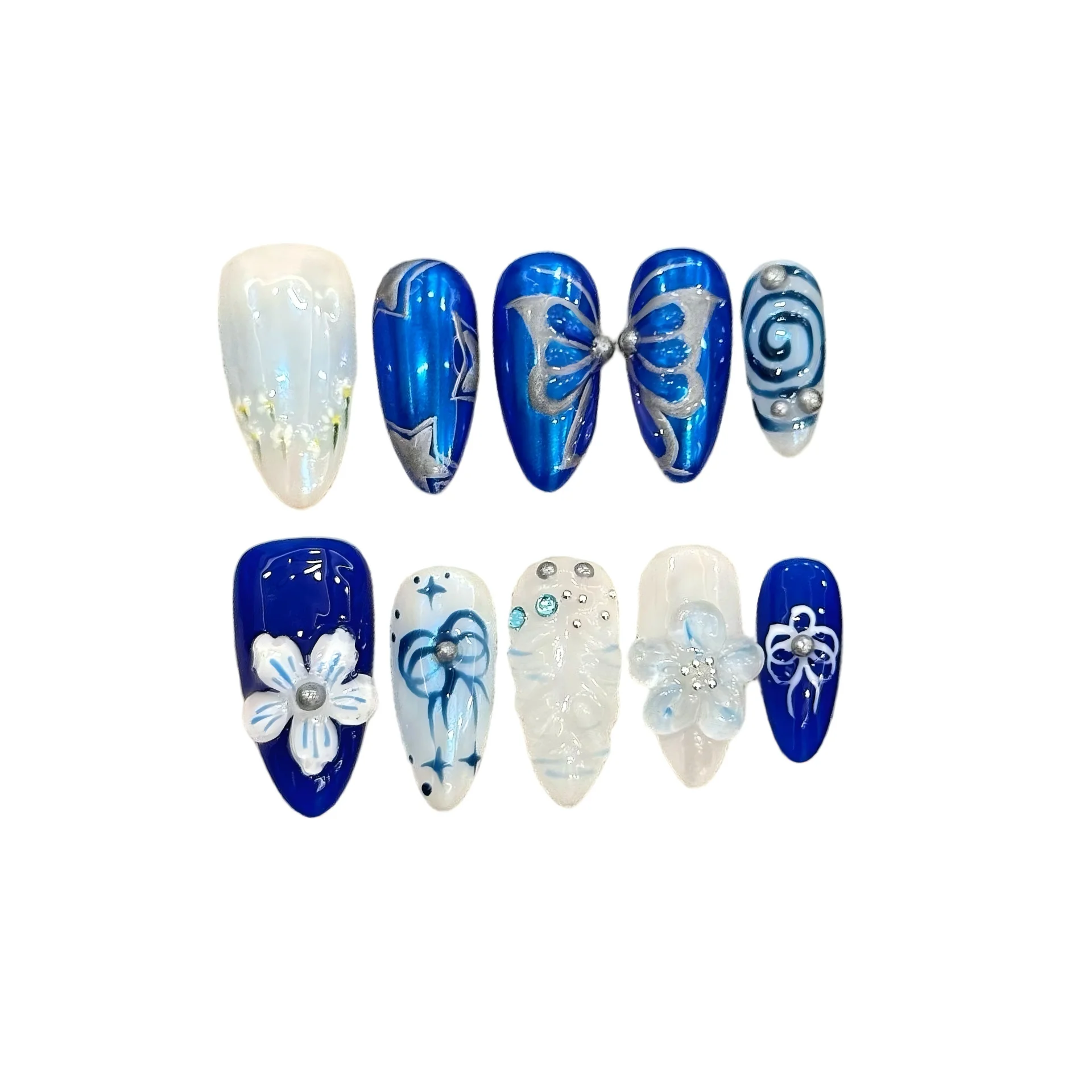 

Модный носимый дизайн ногтей в стиле миндаля с бантом Blue Island (3086)