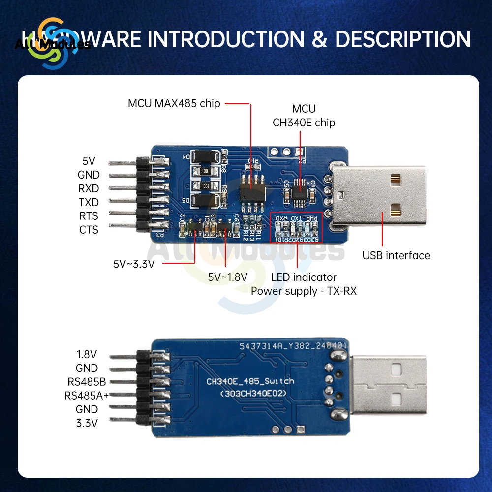 USB to TTL RS485 Communication Dual Voltage Conversion Module CH340E SP485 Chip Convert Module