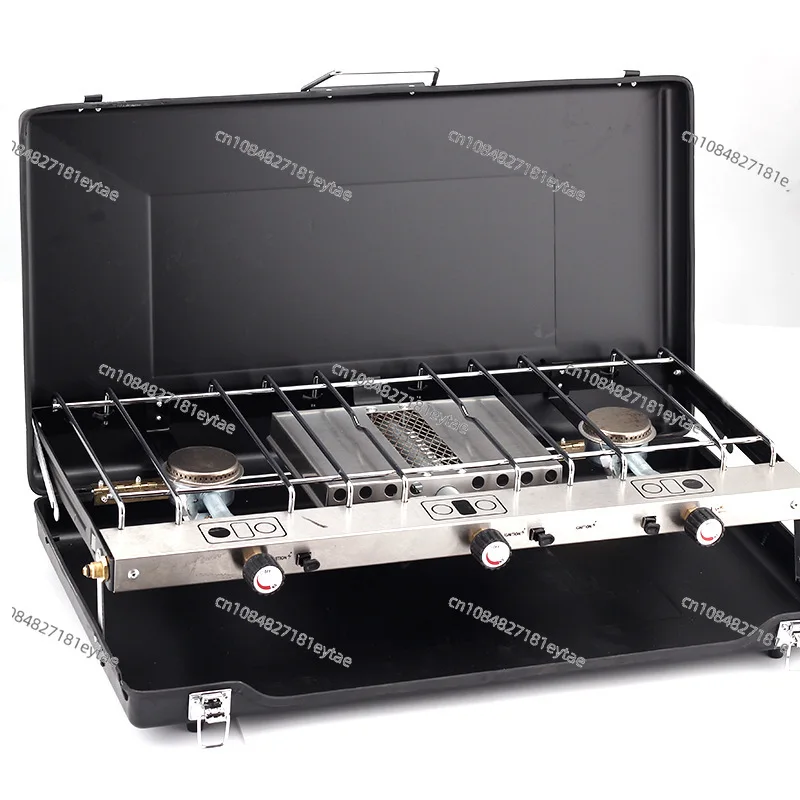 New Outdoor Folding Barbecue Grill Portable Gas Stove Camping Picnic Gas Dual Stove Three Head Windproof Storage Stove
