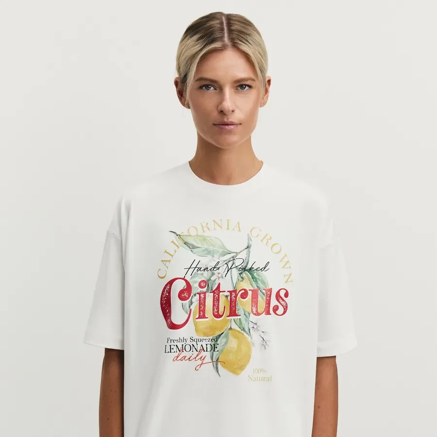 American Retro Aesthetic Lemon Fruit Summer New Item 100% Pure Cotton Short Sleeved Loose Fashionable Women's T-shirt
