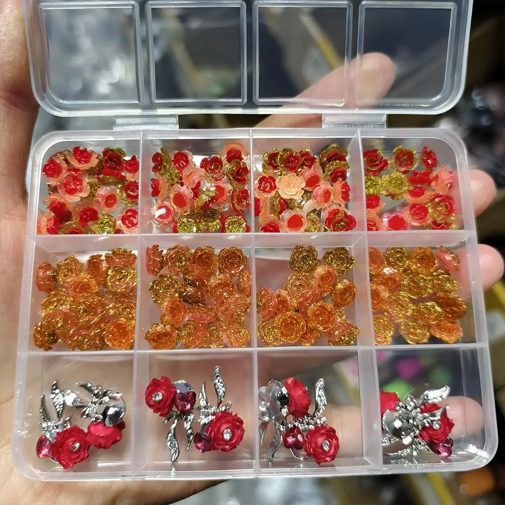 12Grids 3D Glitter Rose Camellia Nail Charms Ice-transparent Resin Roses Flower Nail Art Decorations DIY Manicure Accessories zb