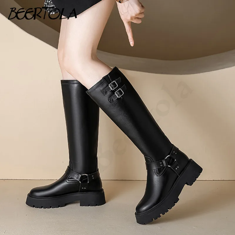 Women's Thick-Soled Belt Buckle Boots New Round Toe Knee-High Knight Boots Versatile Slim Personality Western Casual Boots