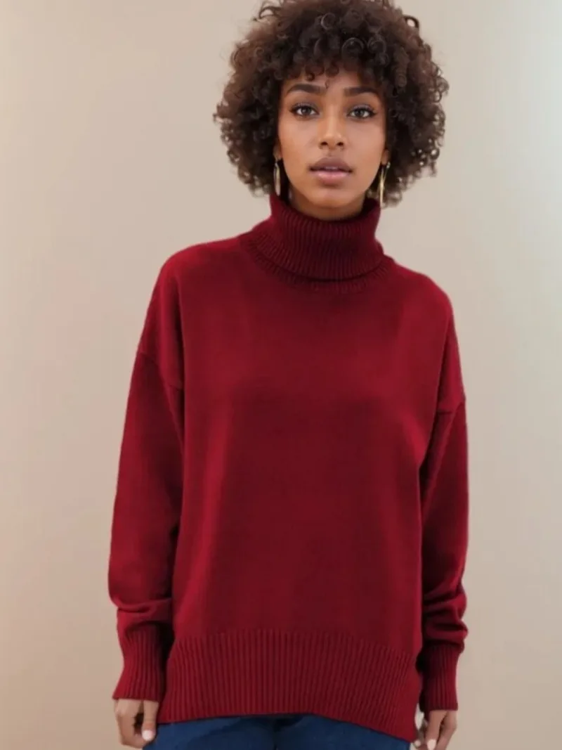 

Casual Knitted Sweater 2025 Autumn and Winter New Solid Color Sweater Women's Coat Sweater Turtleneck Loose Warm Pullover