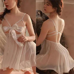 Sexy Babydolls Bow knot mesh perspective strap suspender Sex shop xxx 18 fancy women underwear open crotch sexi women's outfit