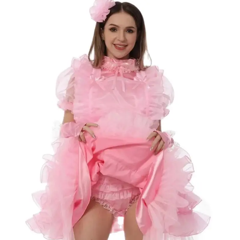 

French Sexy Adult Customized Fetishist Crossdressing Sissy Pink Medium High Neck Multi Layered Fluffy Satin Organza Dress