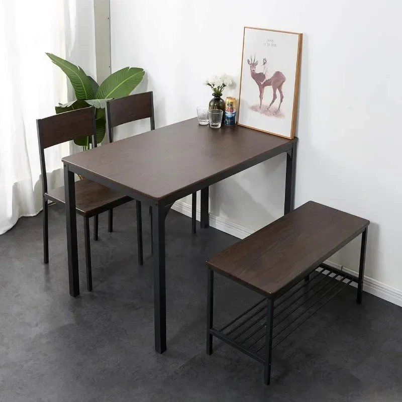 Dining Table Set for 4, with Two Chairs and One Bench/4 Piece Set, Wooden Table Top with Metal Legs for Breakfast in Living Room